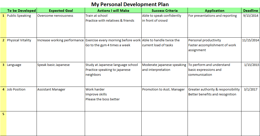 Personal Development Plan Content Sample 